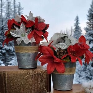 Set of Faux Poinsetta Florals In  Galvanized Pots